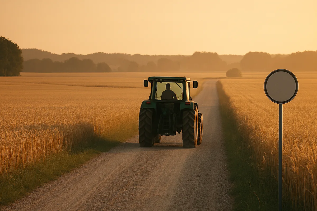 Traktor auf einem Feldweg zwischen Getreidefeldern